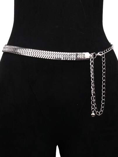 1入女士銀色蛇紋細節創意鏈條腰帶,日常點綴派對首選