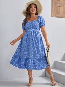 SHEIN VCAY Plus Ditsy Floral Print Ruched Ruffle Hem Dress - Blue - View 2