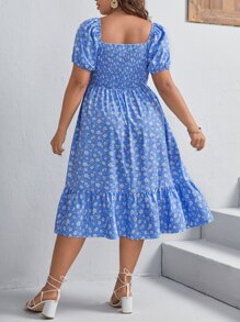 SHEIN VCAY Plus Ditsy Floral Print Ruched Ruffle Hem Dress - Blue - View 3