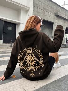 SHEIN Unity Sun & Moon Print Kangaroo Pocket Drop Shoulder Drawstring Thermal Lined Hoodie - Coffee Brown - View 1