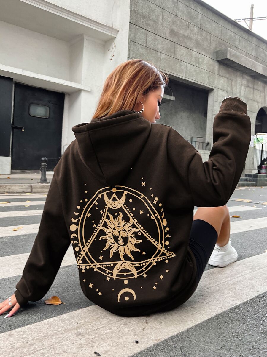 SHEIN Unity Sun & Moon Print Kangaroo Pocket Drop Shoulder Drawstring Thermal Lined Hoodie - Coffee Brown - View 1