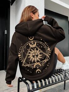 SHEIN Unity Sun & Moon Print Kangaroo Pocket Drop Shoulder Drawstring Thermal Lined Hoodie - Coffee Brown - View 6