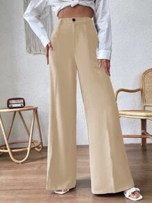 SHEIN Privé 高腰闊腿褲 - 杏色 - 查看 3