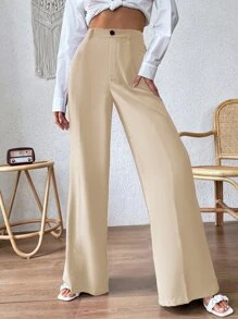 SHEIN Privé 高腰闊腿褲 - 杏色 - 查看 4