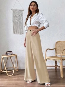 SHEIN Privé 高腰闊腿褲 - 杏色 - 查看 5