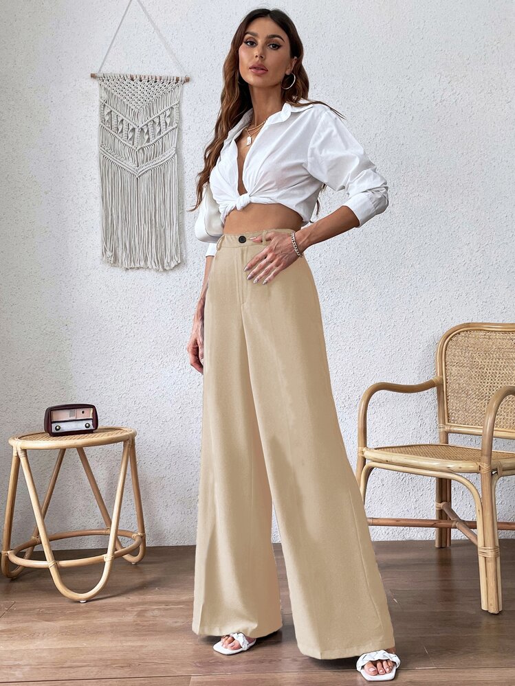 SHEIN Privé Quần nữ Nút Dây kéo màu trơn Thanh lịch - Màu be - Xem 5