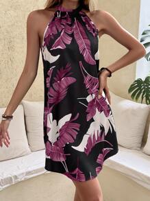 Breezaya Tropical Print Halter Neck Curved Hem Dress - Purple - View 3