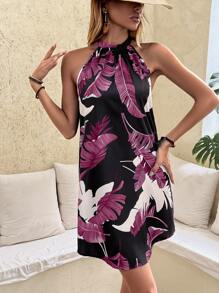 Breezaya Tropical Print Halter Neck Curved Hem Dress - Purple - View 5