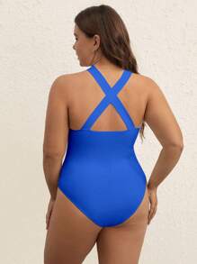 SHEIN BASICS Plus Crisscross Halter Bodysuit - Royal Blue - View 2
