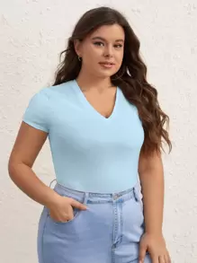 SHEIN BASICS Plus V-Neck Solid Tee - Baby Blue - View 1