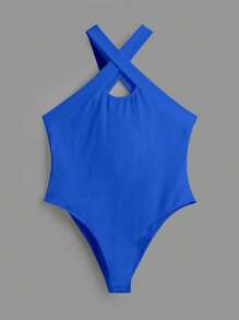 SHEIN BASICS Plus Crisscross Halter Bodysuit - Royal Blue - View 3