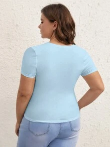 SHEIN BASICS Plus V-Neck Solid Tee - Baby Blue - View 2