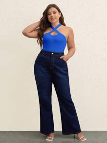 SHEIN BASICS Plus Crisscross Halter Bodysuit - Royal Blue - View 4