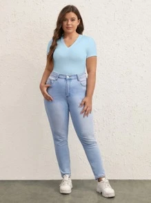 SHEIN BASICS Plus V-Neck Solid Tee - Baby Blue - View 3