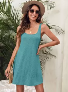 SHEIN LUNE 素色雜色針織背心連衣裙 - 青碧色 - 查看 1