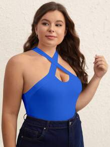 SHEIN BASICS Plus Crisscross Halter Bodysuit - Royal Blue - View 7