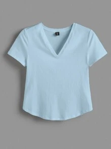 SHEIN BASICS Plus V-Neck Solid Tee - Baby Blue - View 5