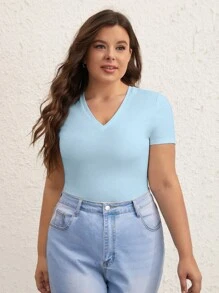 SHEIN BASICS Plus V-Neck Solid Tee - Baby Blue - View 6