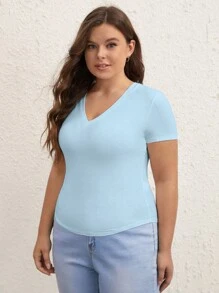 SHEIN BASICS Plus V-Neck Solid Tee - Baby Blue - View 7