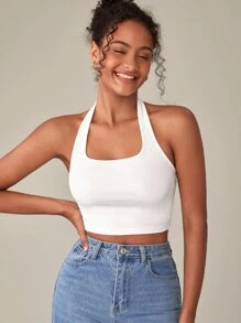 SHEIN BASICS Solid Backless Crop Halter Top - White - View 4