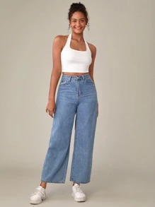 SHEIN BASICS Solid Backless Crop Halter Top - White - View 5