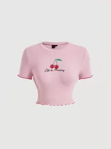 SHEIN MOD Cherry & Slogan Embroidery Lettuce Trim Tee - Baby Pink - View 1