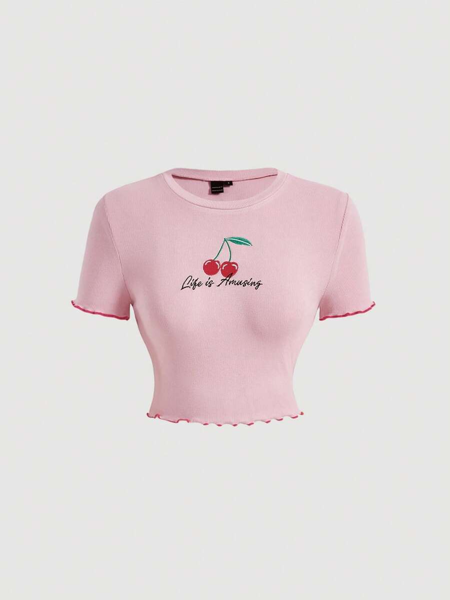 SHEIN MOD Cherry & Slogan Embroidery Lettuce Trim Tee - Baby Pink - View 1