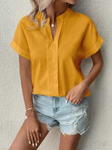 SHEIN Clasi Notched Neck Batwing Sleeve Blouse - Yellow - View 1