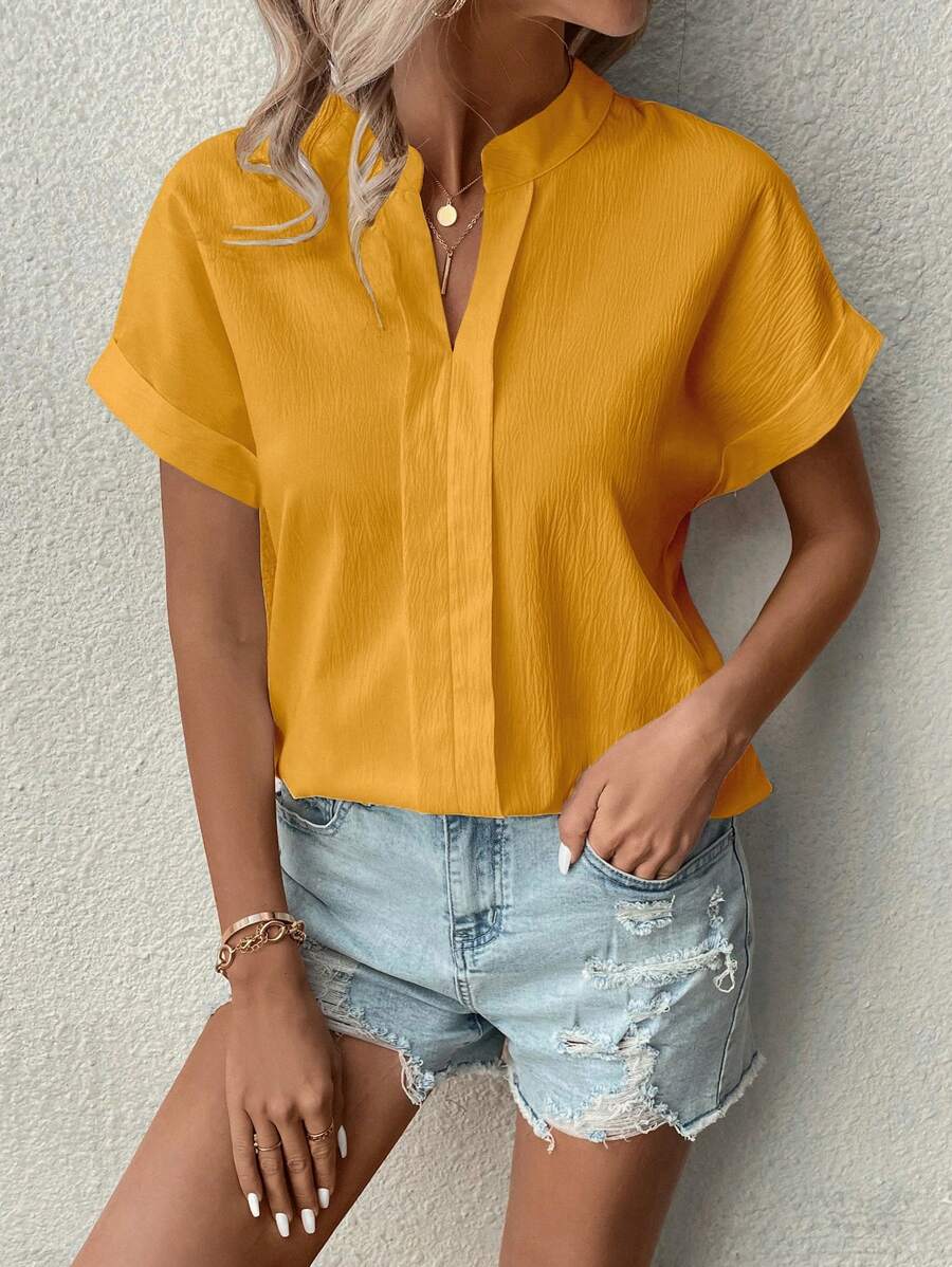 SHEIN Clasi Notched Neck Batwing Sleeve Blouse - Yellow - View 1
