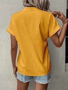 SHEIN Clasi Notched Neck Batwing Sleeve Blouse - Yellow - View 2