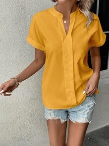 SHEIN Clasi Notched Neck Batwing Sleeve Blouse - Yellow - View 3