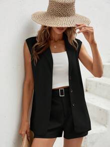 SHEIN LUNE Solid Button Front Vest Blazer & Slant Pocket Shorts - Black - View 5