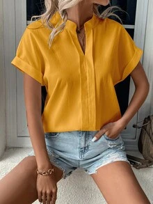 SHEIN Clasi Notched Neck Batwing Sleeve Blouse - Yellow - View 4