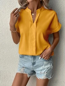 SHEIN Clasi Notched Neck Batwing Sleeve Blouse - Yellow - View 5