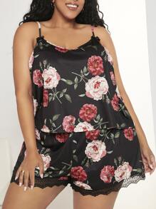 SHEIN CURVE+ Plus Floral Print Lace Trim PJ Set - Multicolor - View 5