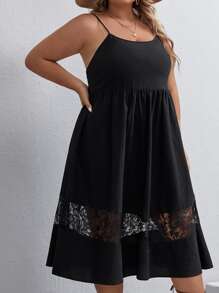 SHEIN VCAY Plus Contrast Lace Cami Dress - Black - View 5