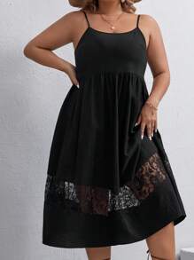 SHEIN VCAY Plus Contrast Lace Cami Dress - Black - View 3