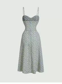 SHEIN MOD Ditsy Floral Print Split Thigh Cami Dress - Blue - View 2