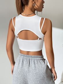 SHEIN EZwear Áo khoác và áo lót dành cho xe tăng nữ Cắt ra Gân đan màu trơn Giải trí - trắng - Xem 2