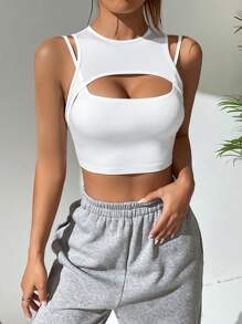 SHEIN EZwear Áo khoác và áo lót dành cho xe tăng nữ Cắt ra Gân đan màu trơn Giải trí - trắng - Xem 4