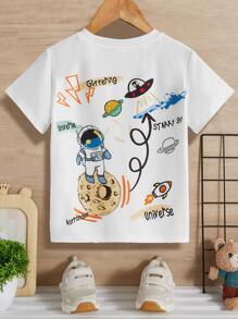 SHEIN Áo thun ngắn tay in họa tiết phi hành gia thoải mái và dễ thương dành cho các chàng trai trẻ, đa năng - trắng - Xem 1
