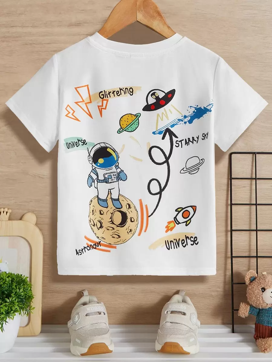 SHEIN Áo thun ngắn tay in họa tiết phi hành gia thoải mái và dễ thương dành cho các chàng trai trẻ, đa năng - trắng - Xem 1