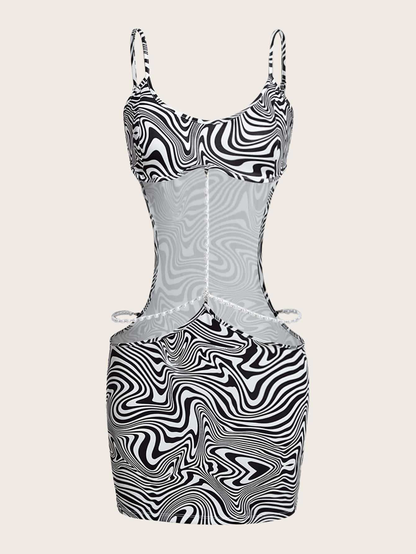 SHEIN ICON Rave Marble Print Pearls Chain Detail Cut Out Waist Cami Dress - Black and White - View 6