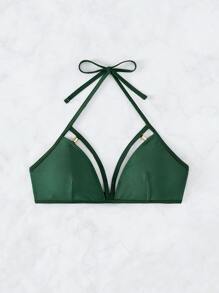 Cut Out Detail Halter Bikini Top - Dark Green - View 3