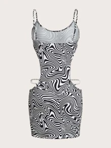 SHEIN ICON Rave Marble Print Pearls Chain Detail Cut Out Waist Cami Dress - Black and White - View 7