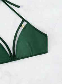 Cut Out Detail Halter Bikini Top - Dark Green - View 5