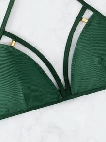Cut Out Detail Halter Bikini Top - Dark Green - View 6