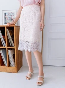 DAZY 蕾絲覆蓋直筒半身裙 - 白色 - 查看 1