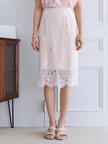 DAZY 蕾絲覆蓋直筒半身裙 - 白色 - 查看 2