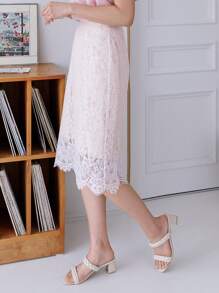 DAZY 蕾絲覆蓋直筒半身裙 - 白色 - 查看 3